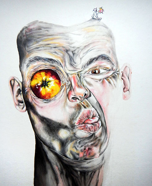 Augapfel, 1984, Mischtechnik Aquarell und Buntstift auf Papier, 60 x 40 cm